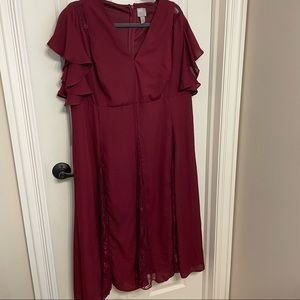 Red ASOS dress, ruffle sleeves, pleated skirt